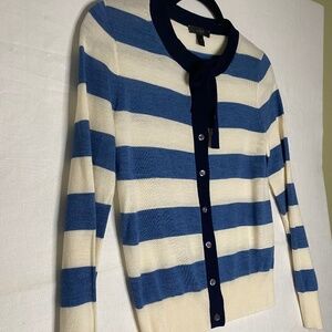 J Crew Striped Button Up Cardigan Sweater w/ Neck Tie Size XS Blue White